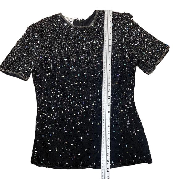 Patra Vtg Black Silver Iridescent Beaded Sequin Short Sleeve Blouse SZ PS - Picture 9 of 11